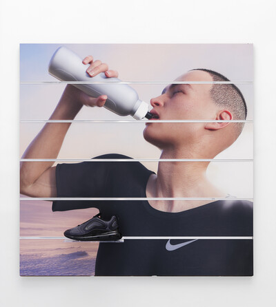 Board (Nike), 2019. Digital print on slatwall panel 120 x 120 x 17 cm. - © Ben Elliot