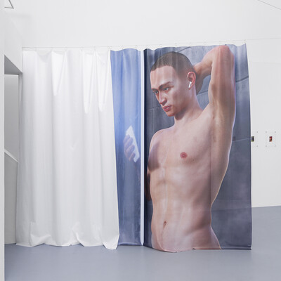 In the Shower, 2019. Dye sublimation print on fabric 300 x 225 cm. - © Ben Elliot